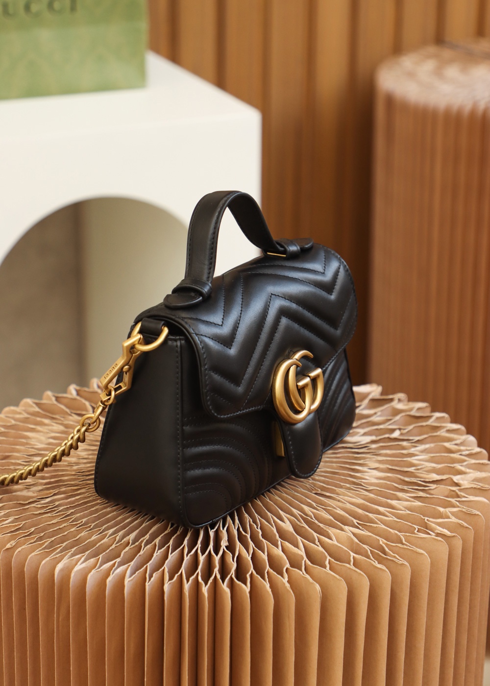 GUCCl GG Marmont Small Top Handle Bag,Black/Brown, Leather