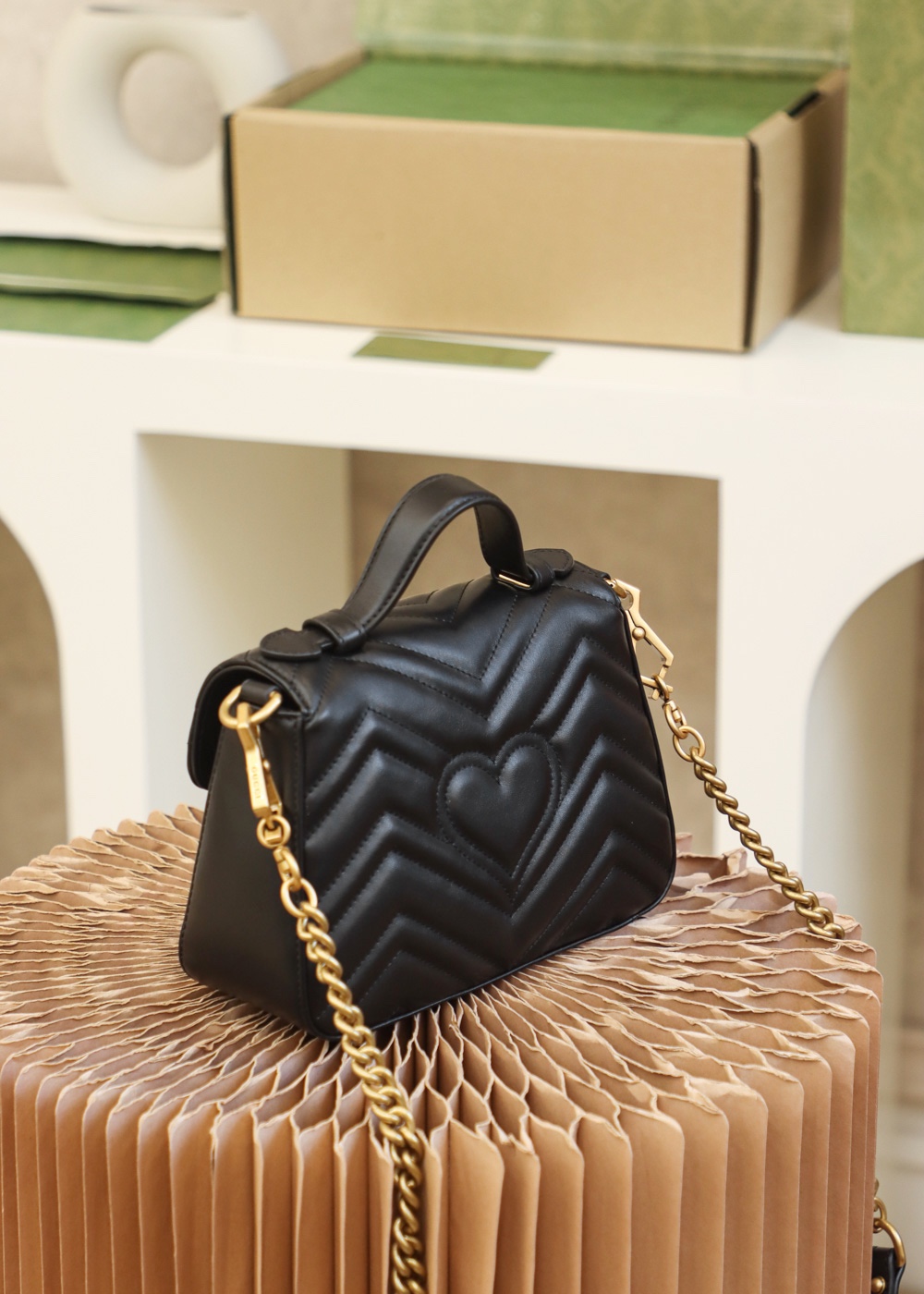 GUCCl GG Marmont Small Top Handle Bag,Black/Brown, Leather