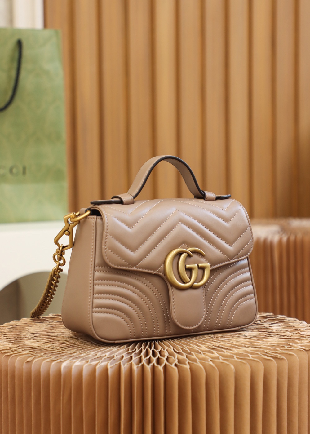 GUCCl GG Marmont Small Top Handle Bag,Black/Brown, Leather