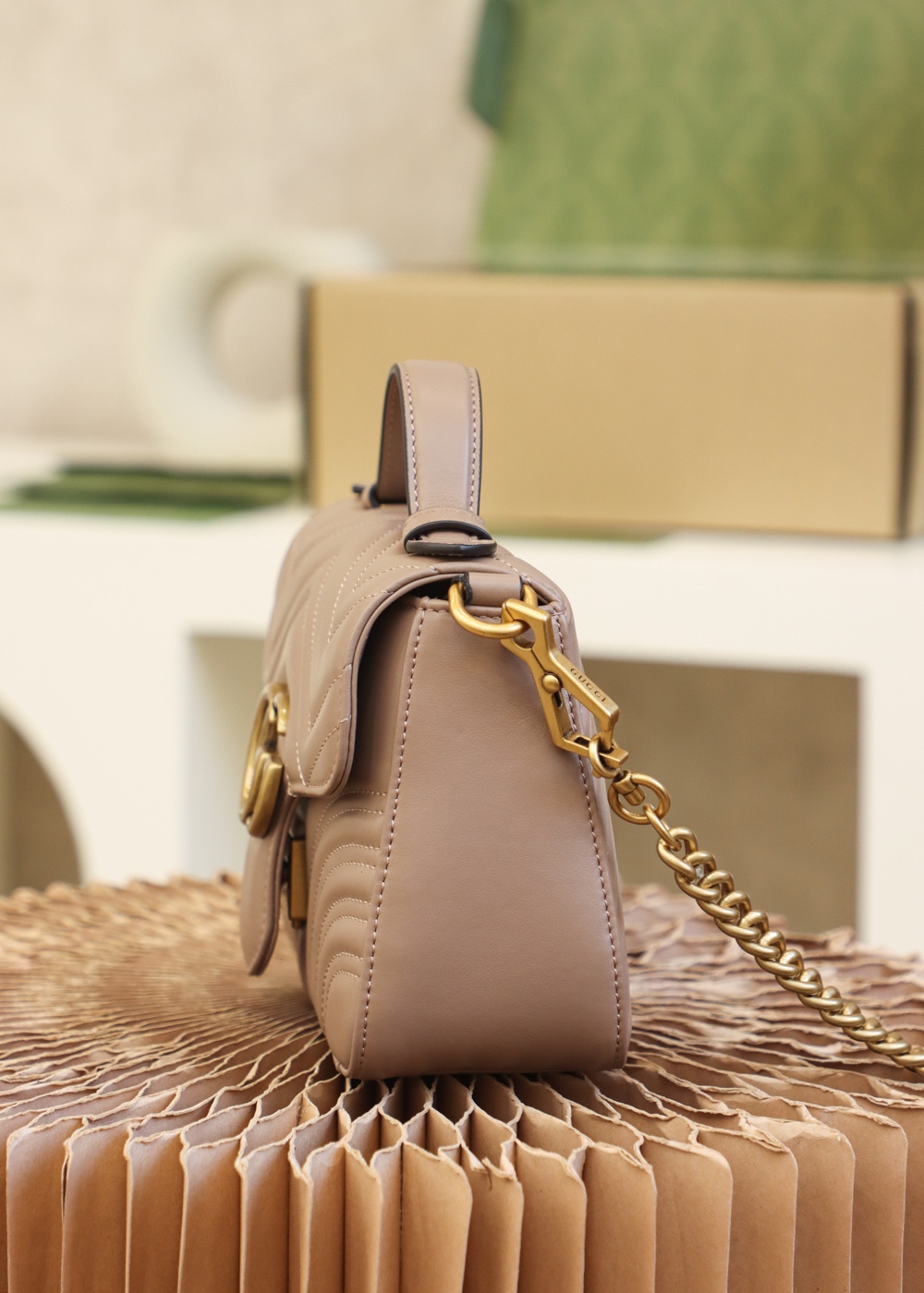 GUCCl GG Marmont Small Top Handle Bag,Black/Brown, Leather
