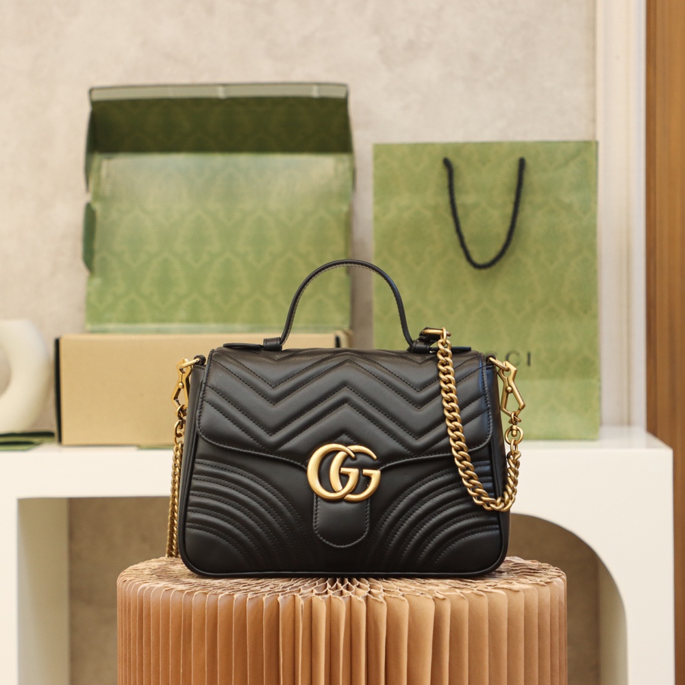GUCCl GG Marmont Medium Top Handle Bag,Black/Brown, Leather