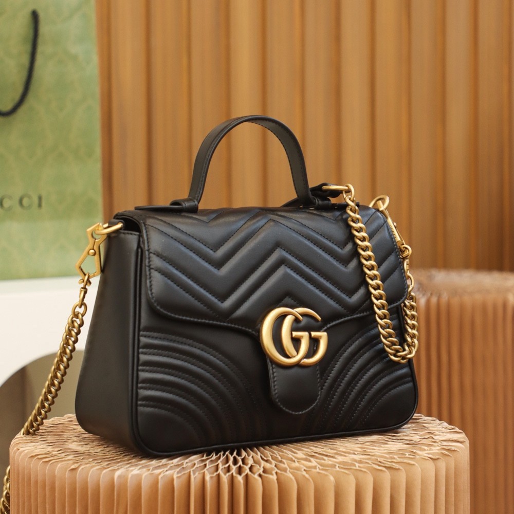 GUCCl GG Marmont Medium Top Handle Bag,Black/Brown, Leather