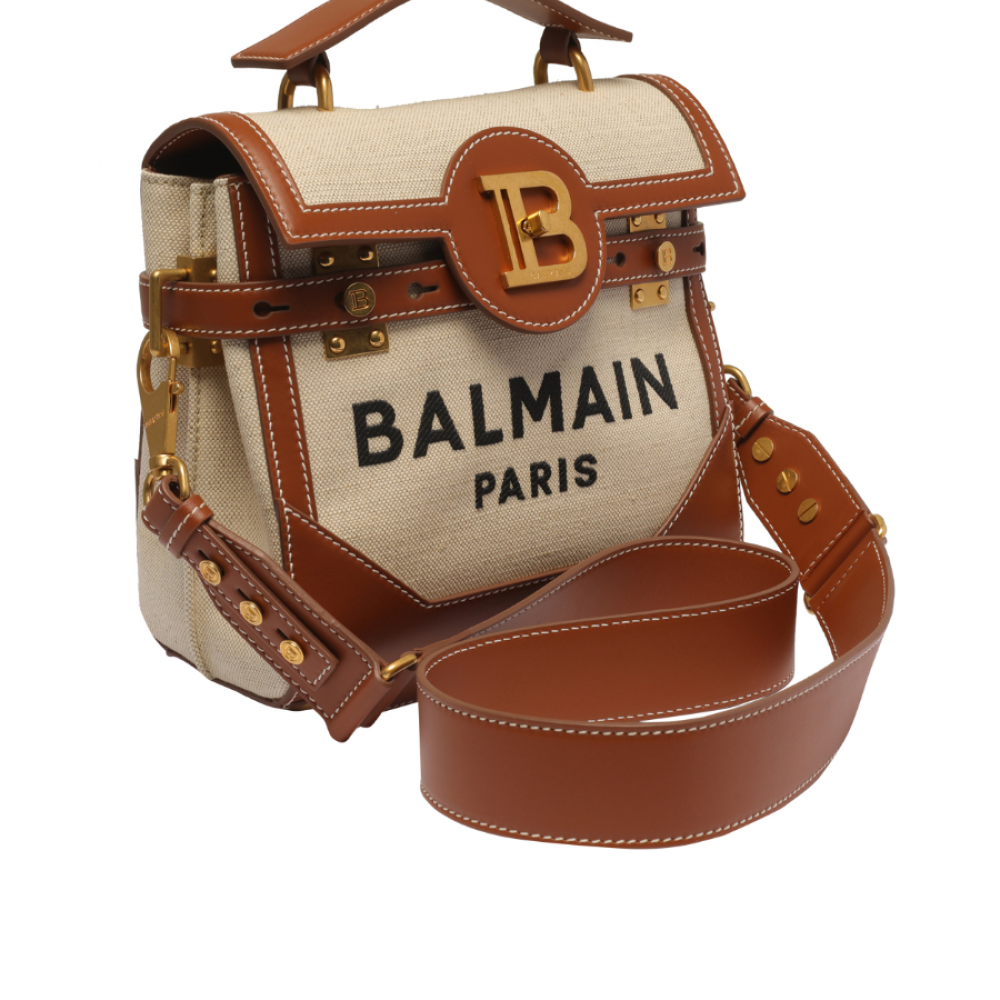 Balmain Ecru canvas B-Buzz 23 bag with brown leather panels