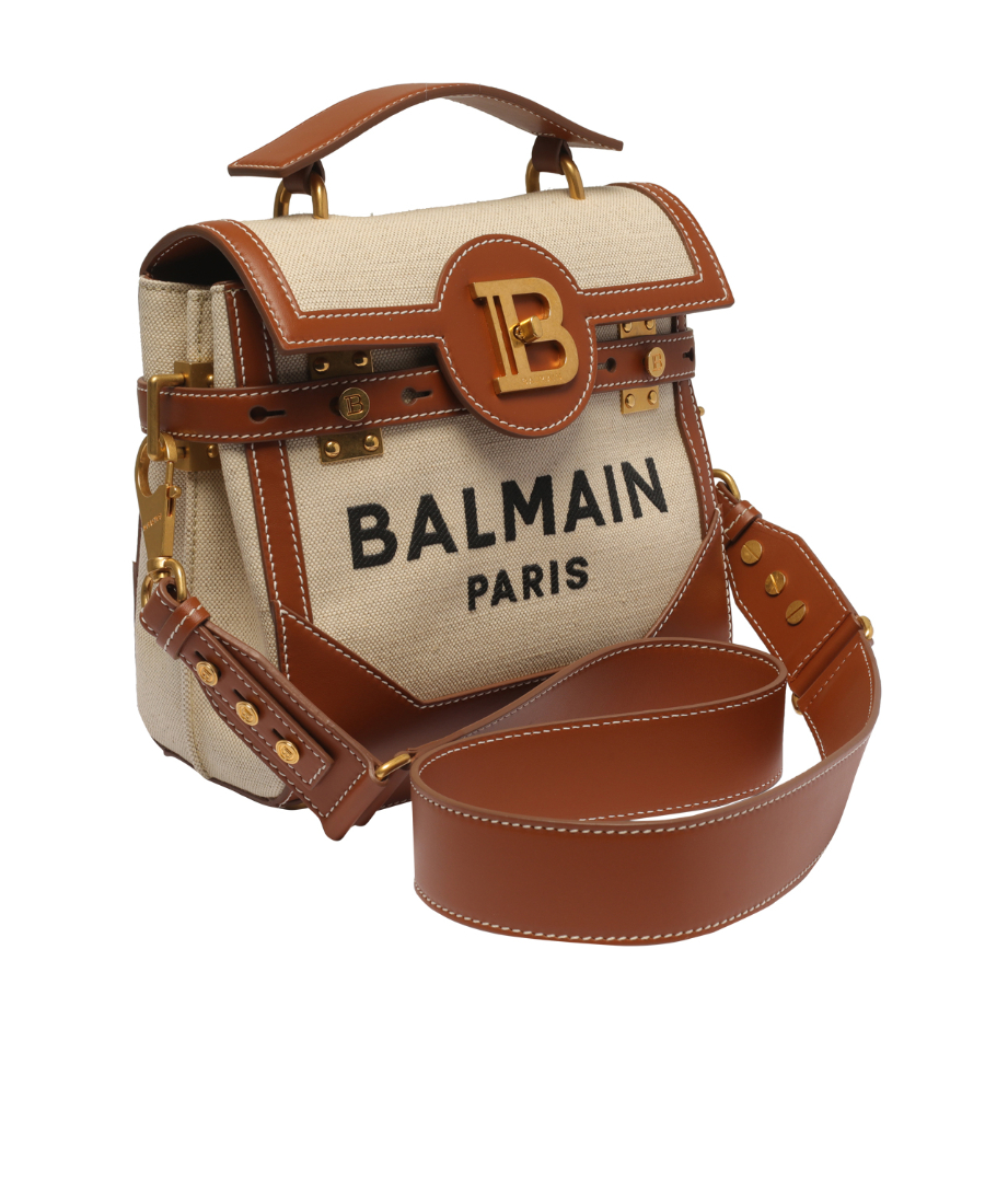Balmain Ecru canvas B-Buzz 23 bag with brown leather panels
