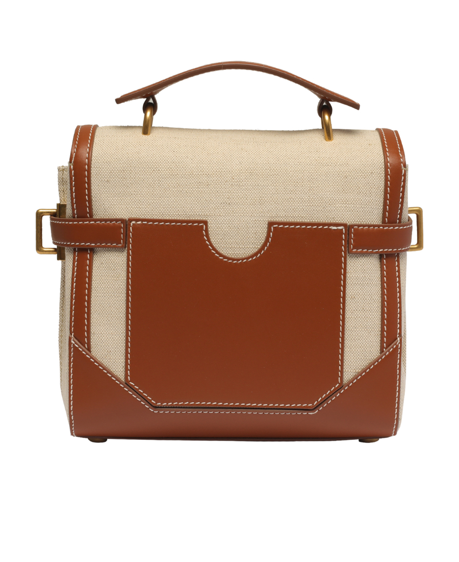 Balmain Ecru canvas B-Buzz 23 bag with brown leather panels