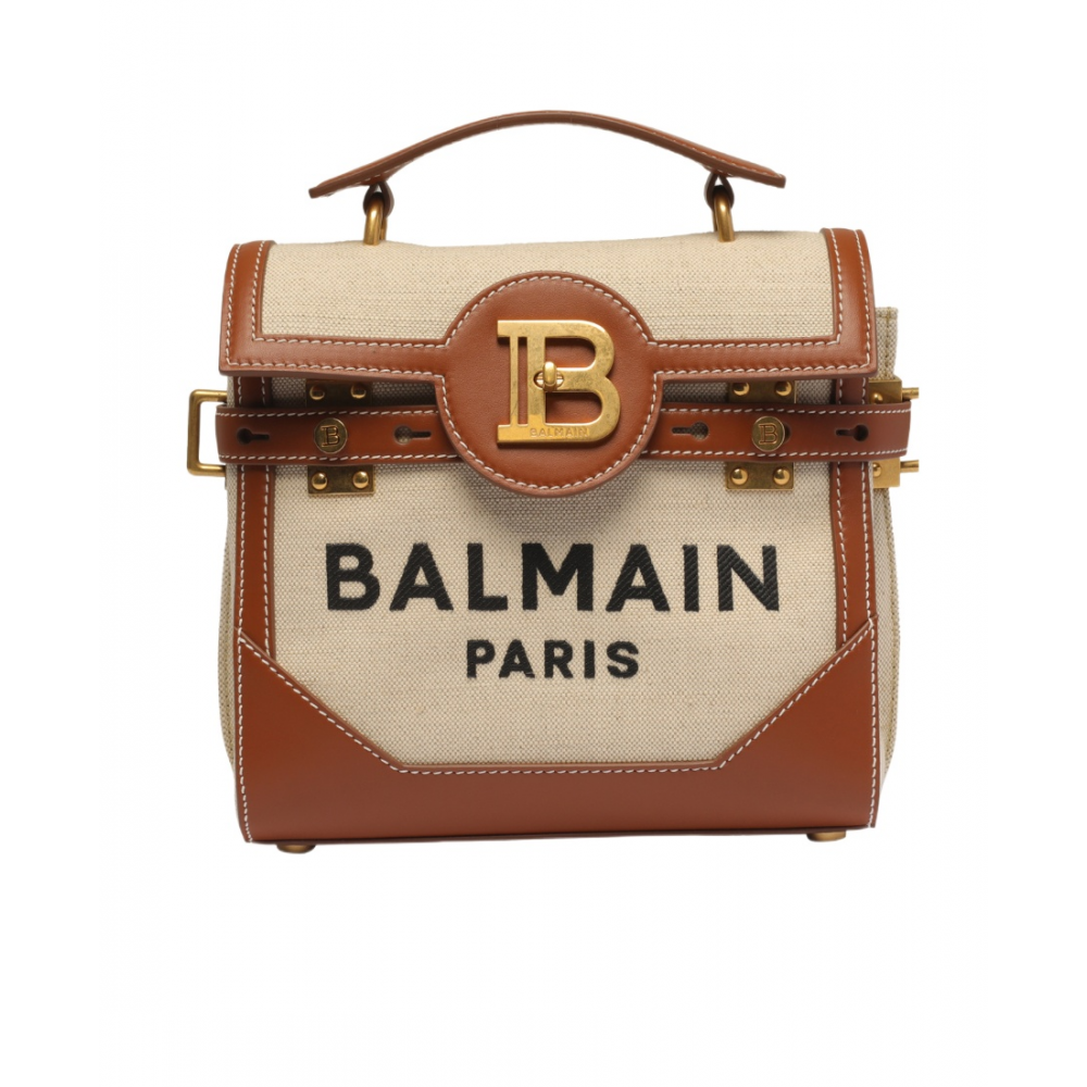 Balmain Ecru canvas B-Buzz 23 bag with brown leather panels