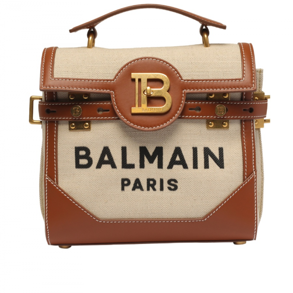 Balmain Ecru canvas B-Buzz 23 bag with brown leather panels