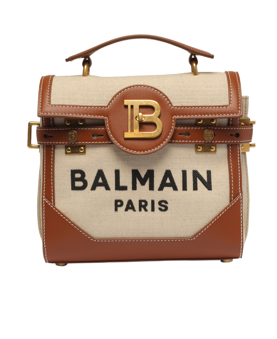 Balmain Ecru canvas B-Buzz 23 bag with brown leather panels