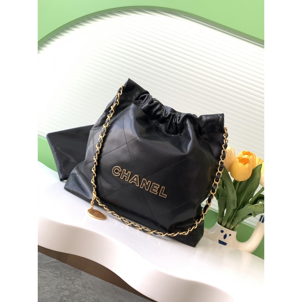 Chanel Shiny Calfskin Quilted Small Chanel 22 Black 24K ball patterned shopping bag