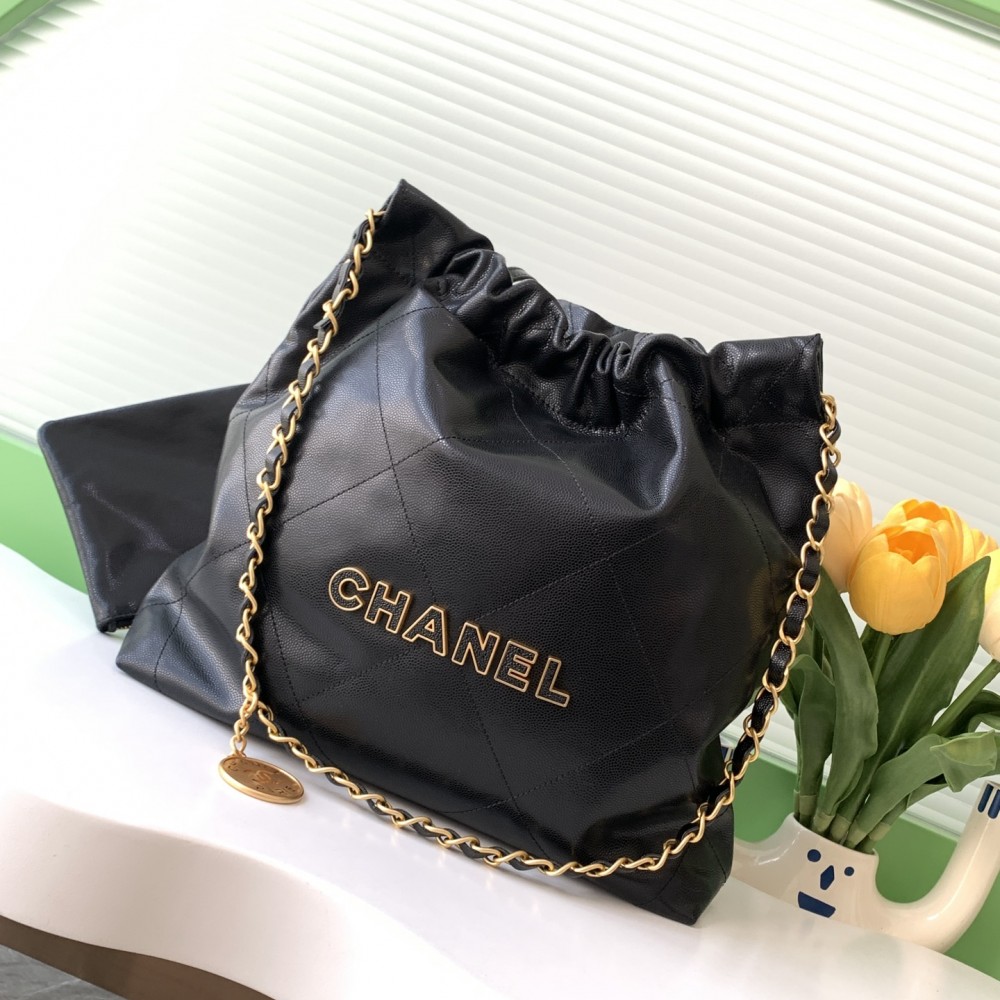 Chanel Shiny Calfskin Quilted Small Chanel 22 Black 24K ball patterned shopping bag