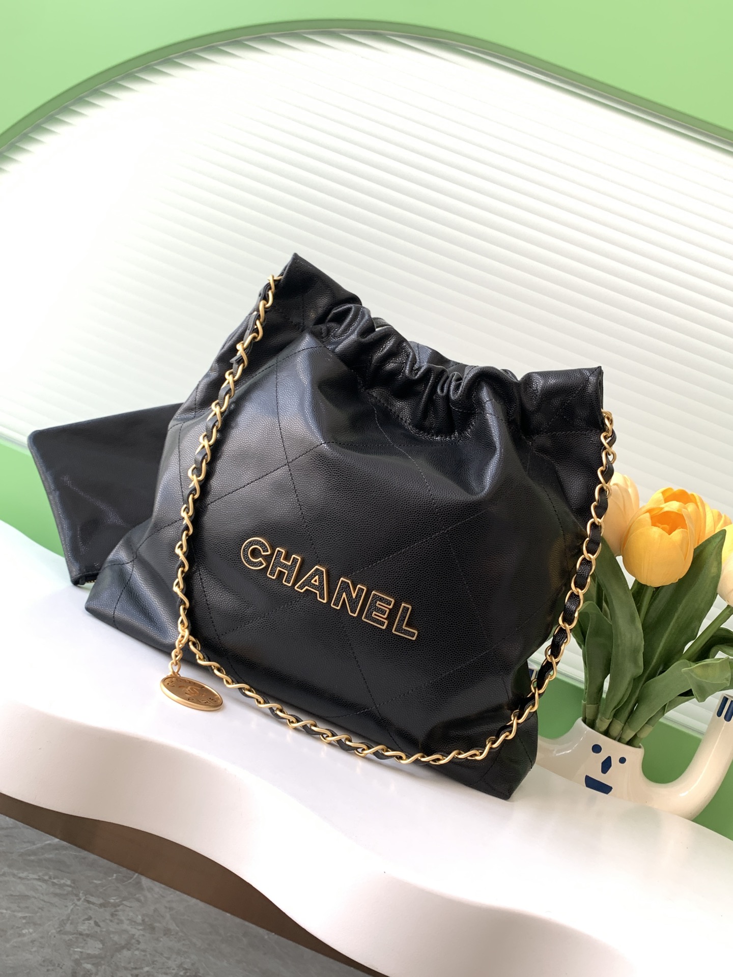 Chanel Shiny Calfskin Quilted Small Chanel 22 Black 24K ball patterned shopping bag Chanel Shiny Calfskin Quilted Small Chanel 22 Black 24K ball patterned shopping bag