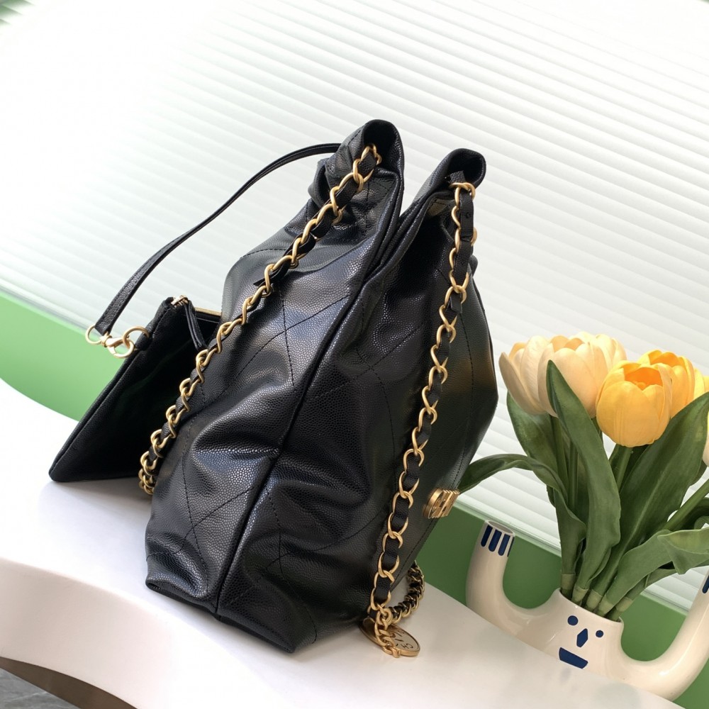 Chanel Shiny Calfskin Quilted Small Chanel 22 Black 24K ball patterned shopping bag