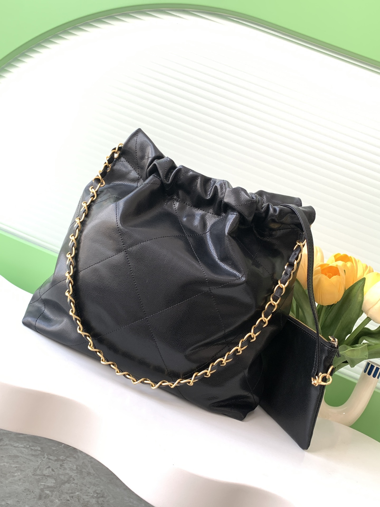Chanel Shiny Calfskin Quilted Small Chanel 22 Black 24K ball patterned shopping bag Chanel Shiny Calfskin Quilted Small Chanel 22 Black 24K ball patterned shopping bag