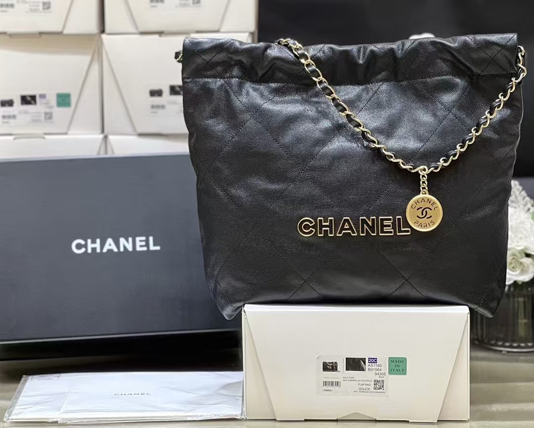 Chanel Shiny Calfskin Small Chanel 22 Black 24K ball patterned shopping bag