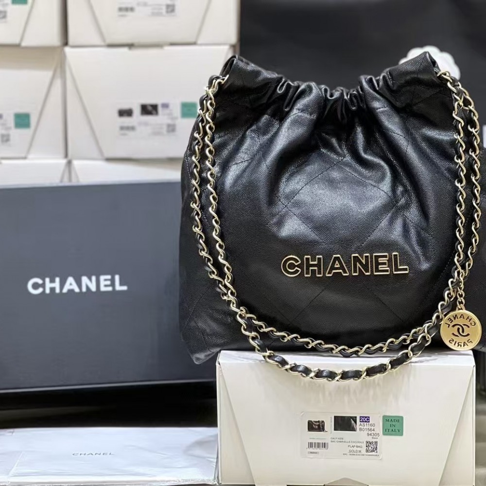 Chanel Shiny Calfskin Small Chanel 22 Black 24K ball patterned shopping bag