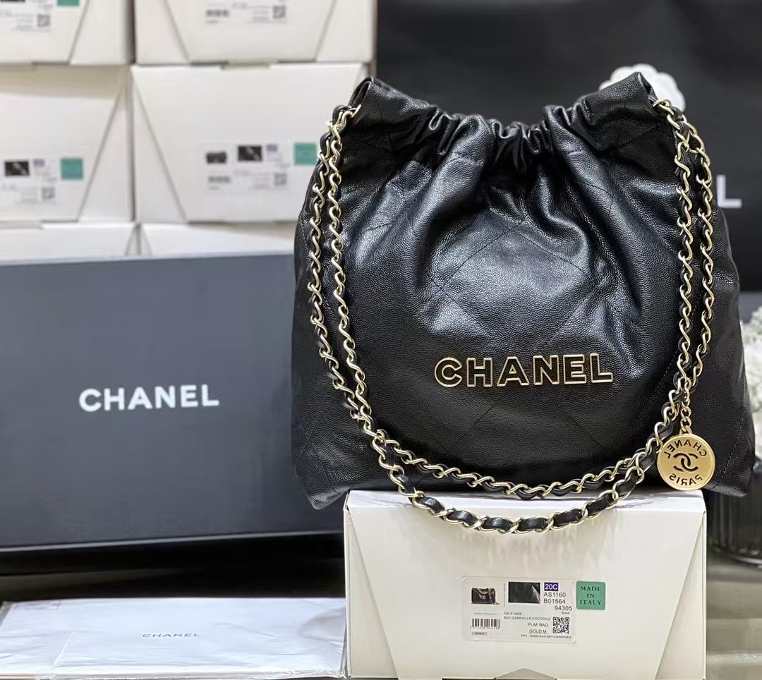Chanel Shiny Calfskin Small Chanel 22 Black 24K ball patterned shopping bag