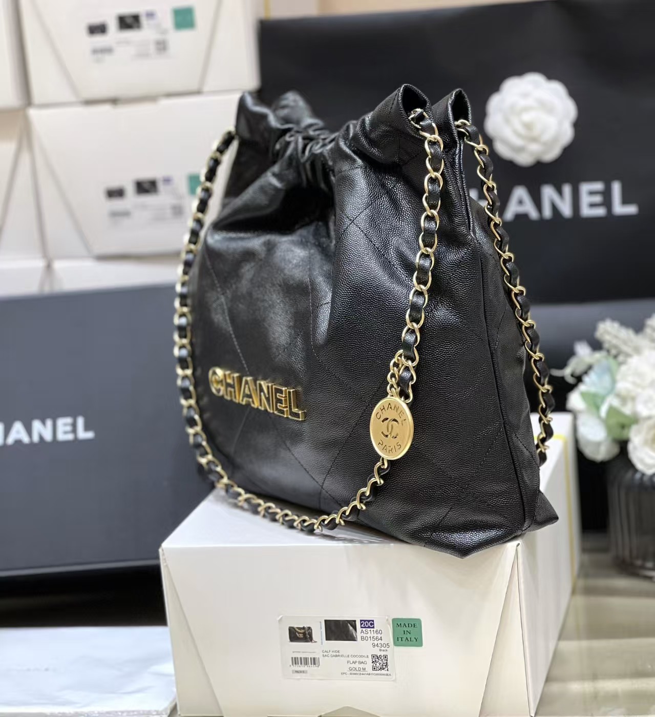 Chanel Shiny Calfskin Small Chanel 22 Black 24K ball patterned shopping bag