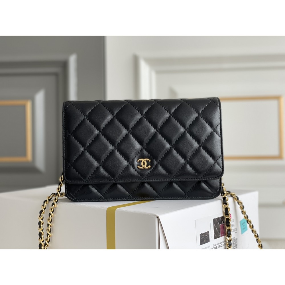 Chanel Wallet on Chain (WOC) shoulder bag in Black quilted Caviar leather