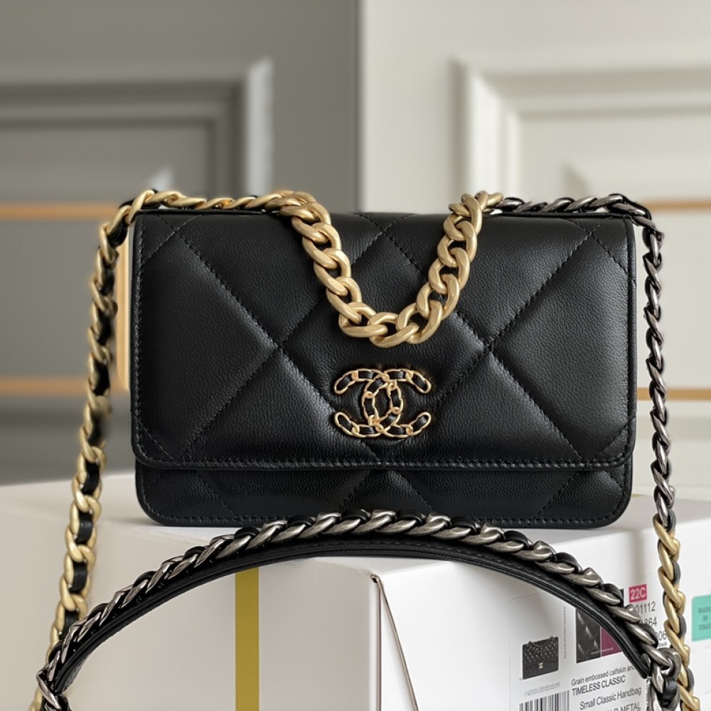Chanel1 Lambskin Quilted Chanel 19 Wallet On Chain WOC Black