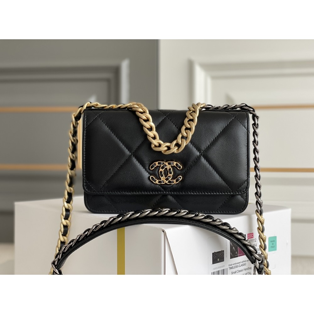 Chanel1 Lambskin Quilted Chanel 19 Wallet On Chain WOC Black