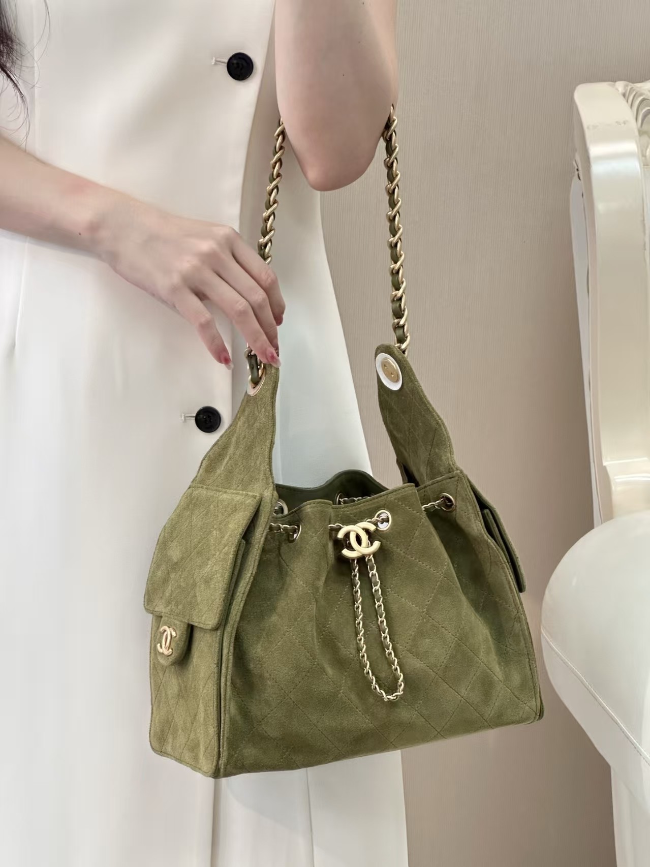 Chanel 25C Small Khaki Suede25 Hobo Handbag