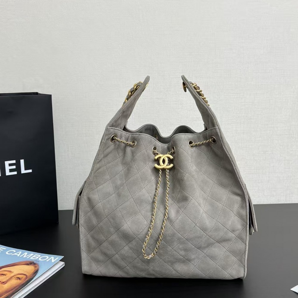 Chanel 25c HOBO Bag Caviar Quilted Handbag Large Grey Suede