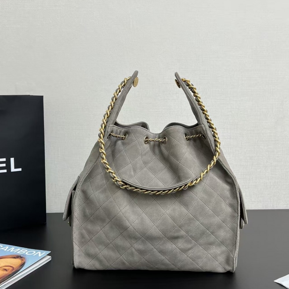 Chanel 25c HOBO Bag Caviar Quilted Handbag Large Grey Suede
