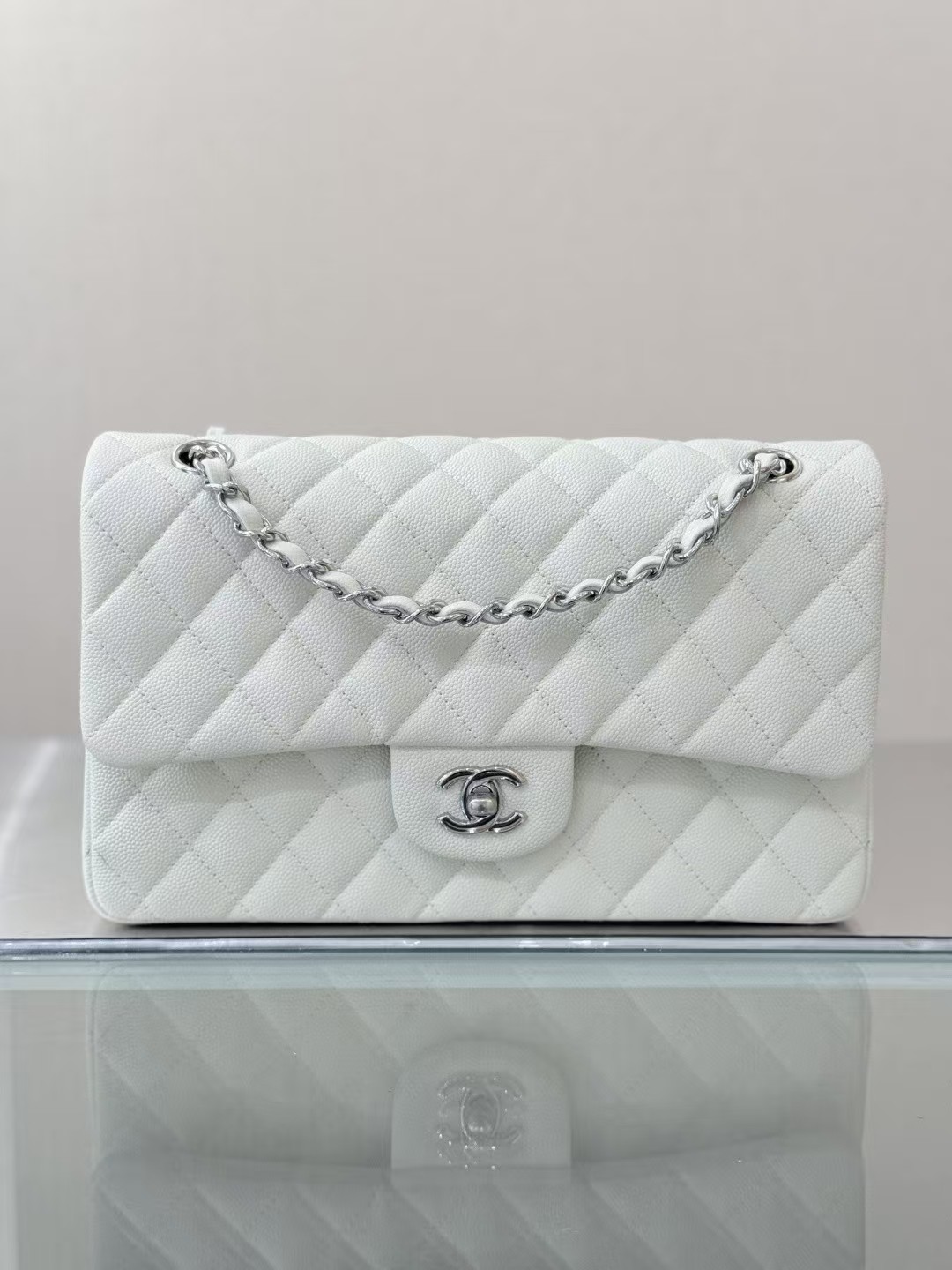 Chanel white Jumbo DoubleFlap Caviar Bag 