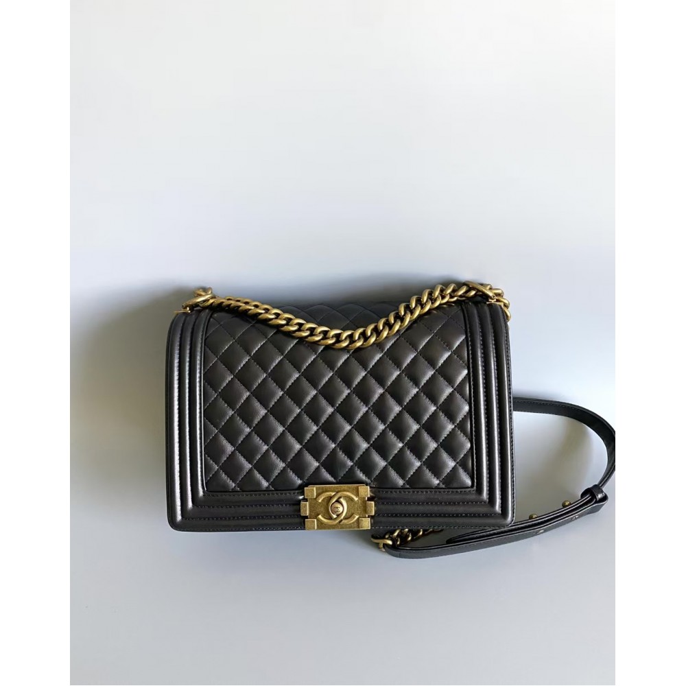 Chanel Large BOY CHANEL Handbag Grained Calfskin & Gold-Tone Metal Black Medium