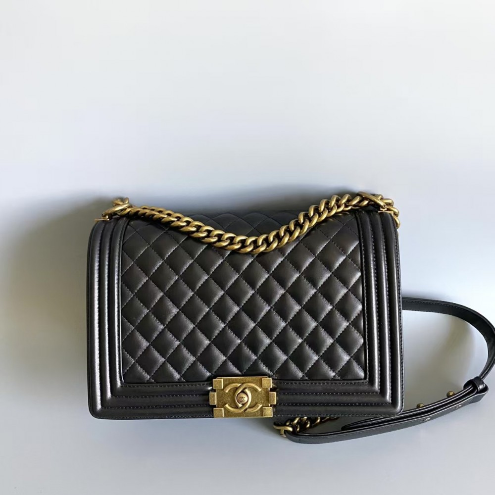 Chanel Large BOY CHANEL Handbag Grained Calfskin & Gold-Tone Metal Black Medium