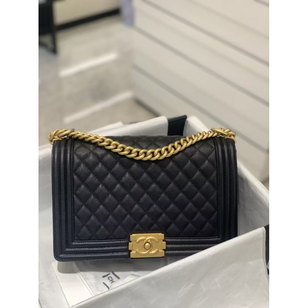 Chanel Large BOY CHANEL Handbag Grained Caviar & Gold-Tone Metal Black Medium