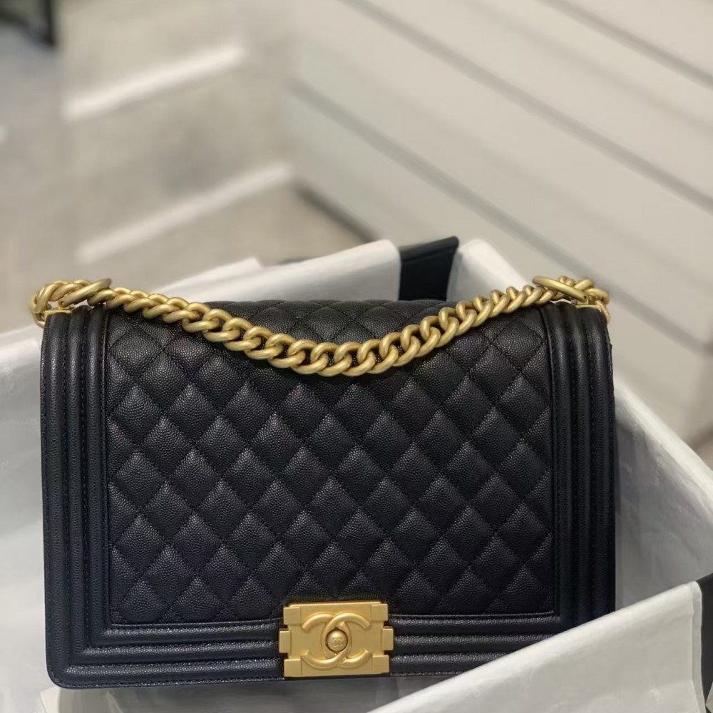 Chanel Large BOY CHANEL Handbag Grained Caviar & Gold-Tone Metal Black Medium