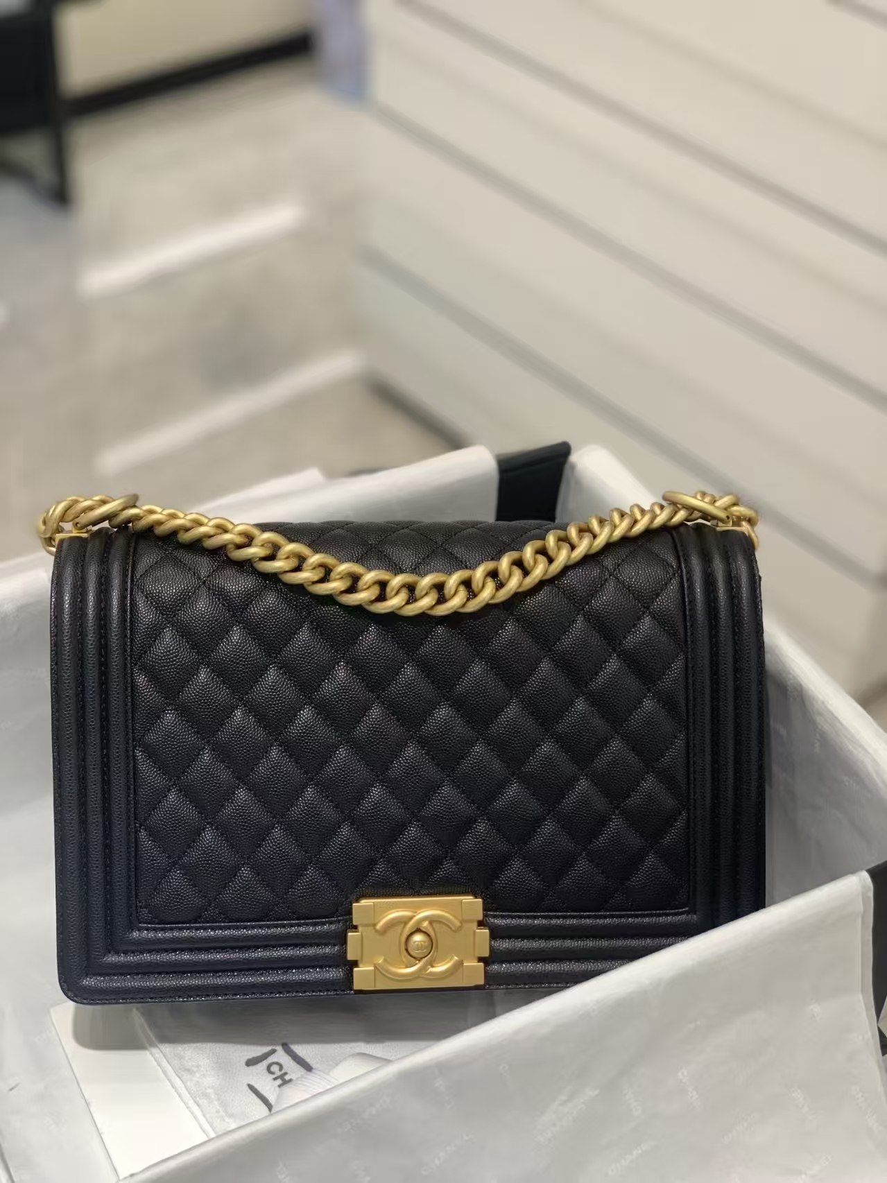 Chanel Large BOY CHANEL Handbag Grained Caviar & Gold-Tone Metal Black Medium