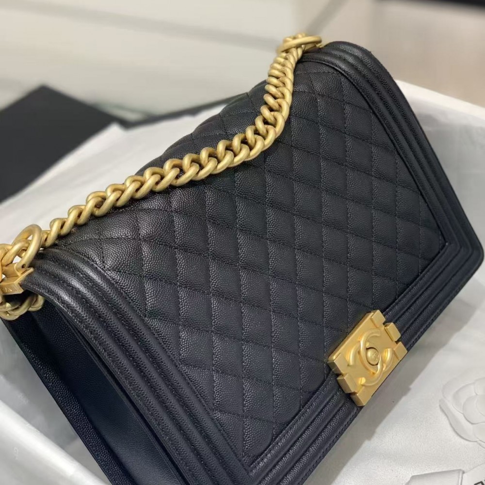Chanel Large BOY CHANEL Handbag Grained Caviar & Gold-Tone Metal Black Medium