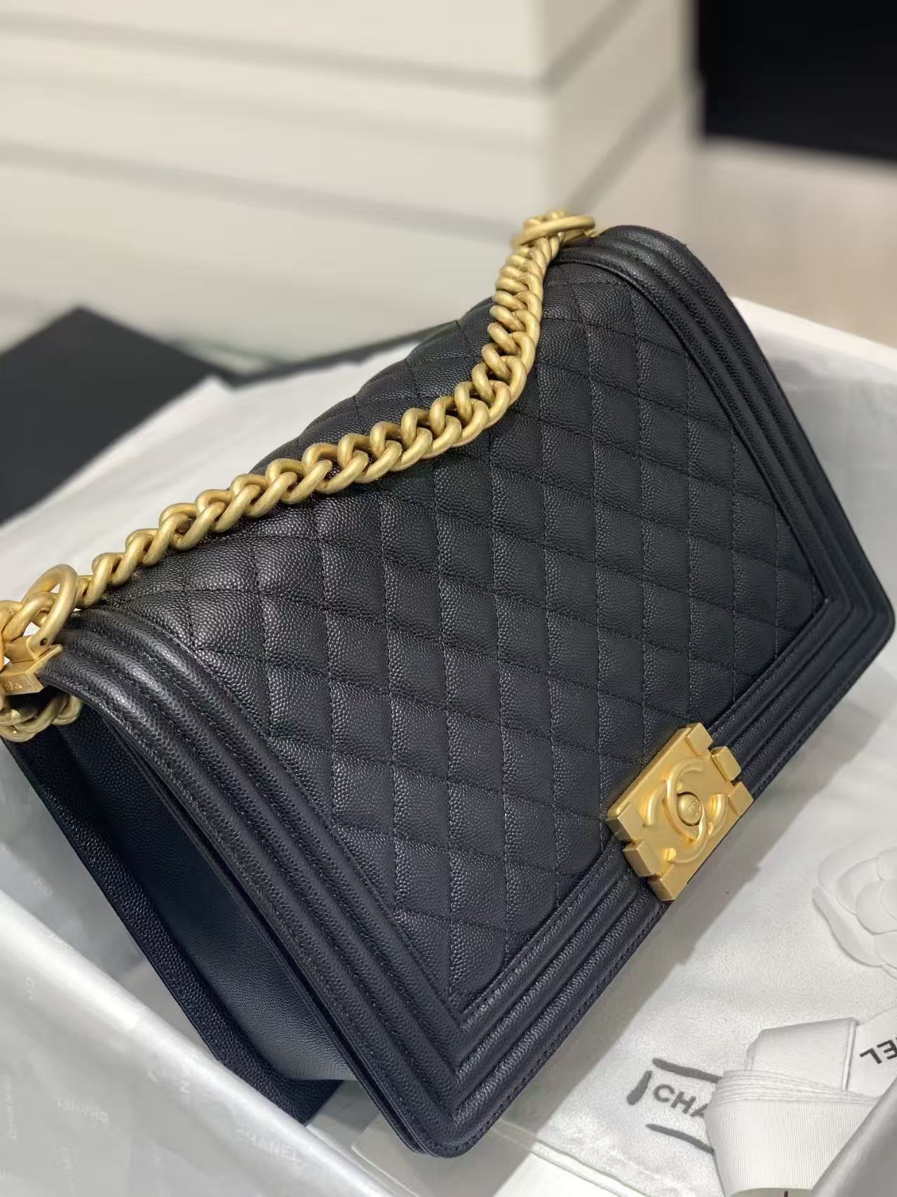 Chanel Large BOY CHANEL Handbag Grained Caviar & Gold-Tone Metal Black Medium