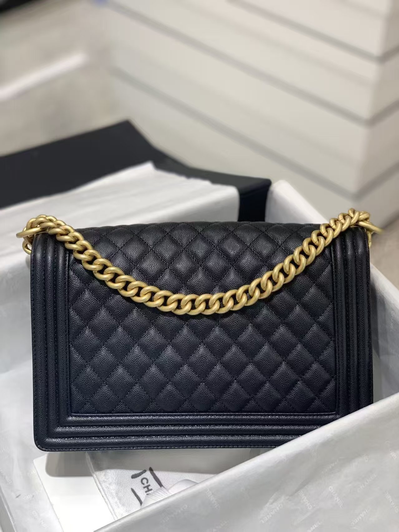 Chanel Large BOY CHANEL Handbag Grained Caviar & Gold-Tone Metal Black Medium