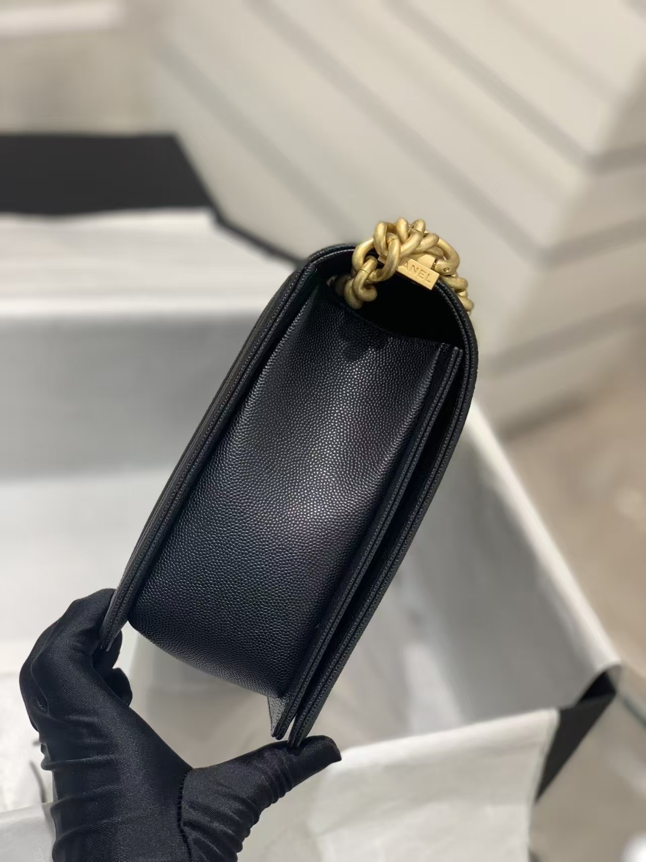 Chanel Large BOY CHANEL Handbag Grained Caviar & Gold-Tone Metal Black Medium