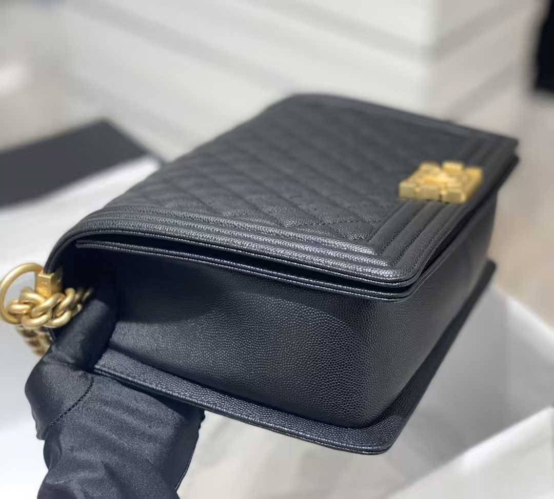 Chanel Large BOY CHANEL Handbag Grained Caviar & Gold-Tone Metal Black Medium