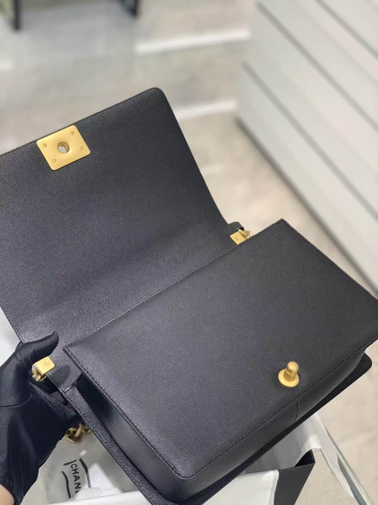 Chanel Large BOY CHANEL Handbag Grained Caviar & Gold-Tone Metal Black Medium