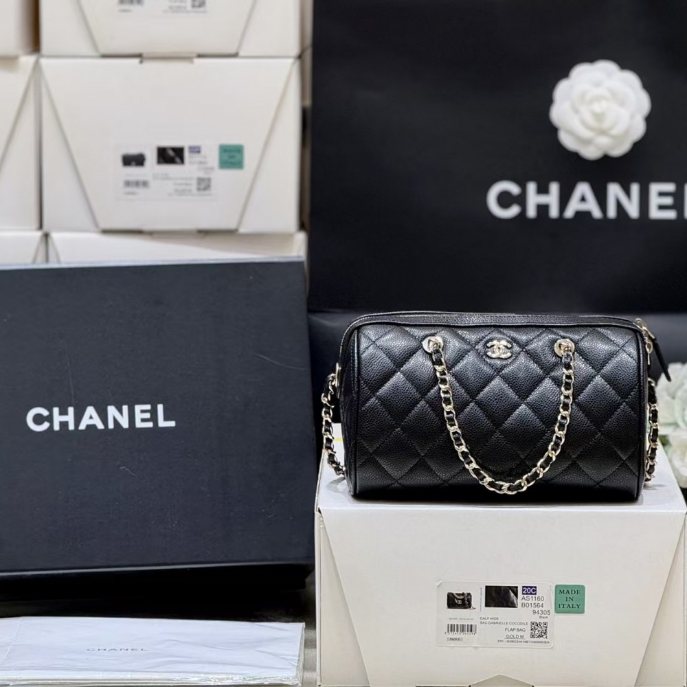 Chanel Caviar Quilted Barrel Clutch With Chain Black Bag