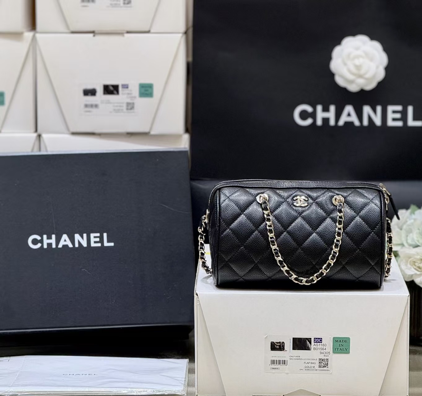 Chanel Caviar Quilted Barrel Clutch With Chain Black Bag