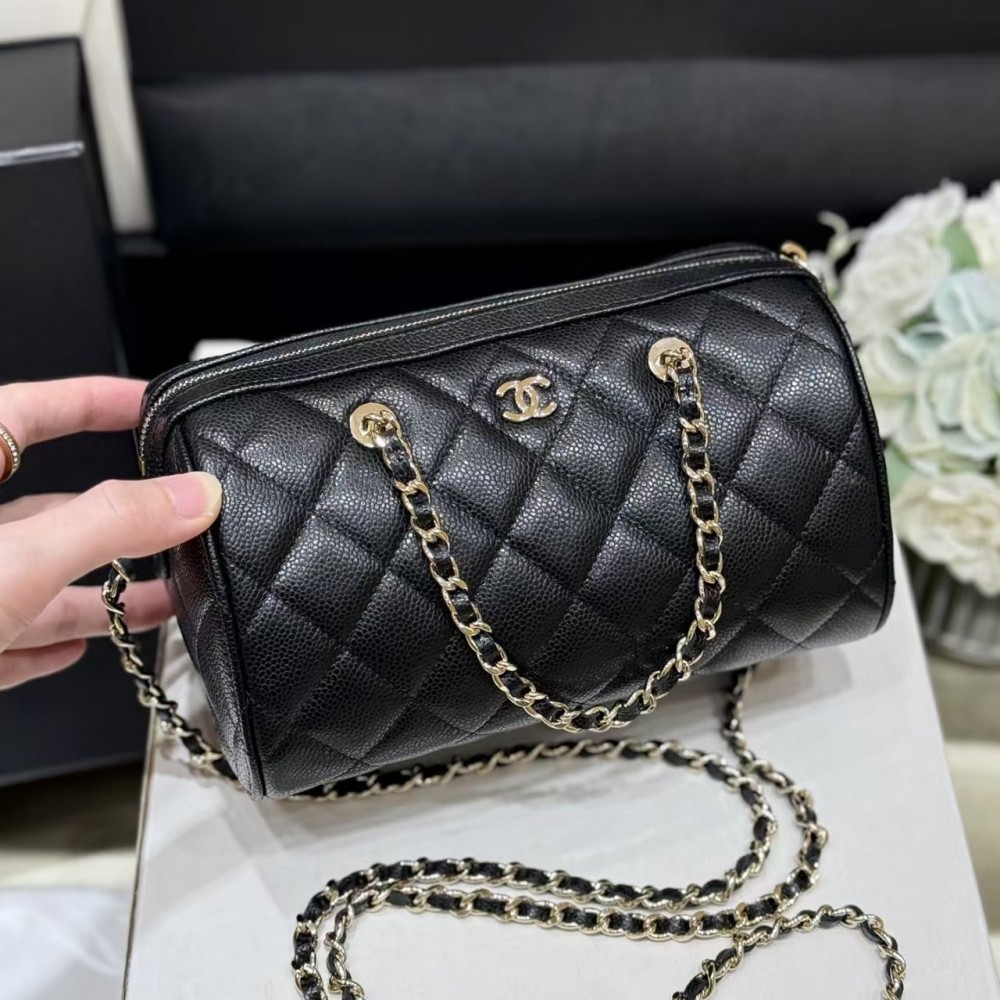 Chanel Caviar Quilted Barrel Clutch With Chain Black Bag
