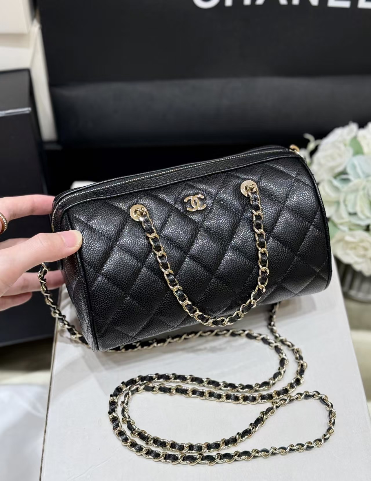Chanel Caviar Quilted Barrel Clutch With Chain Black Bag