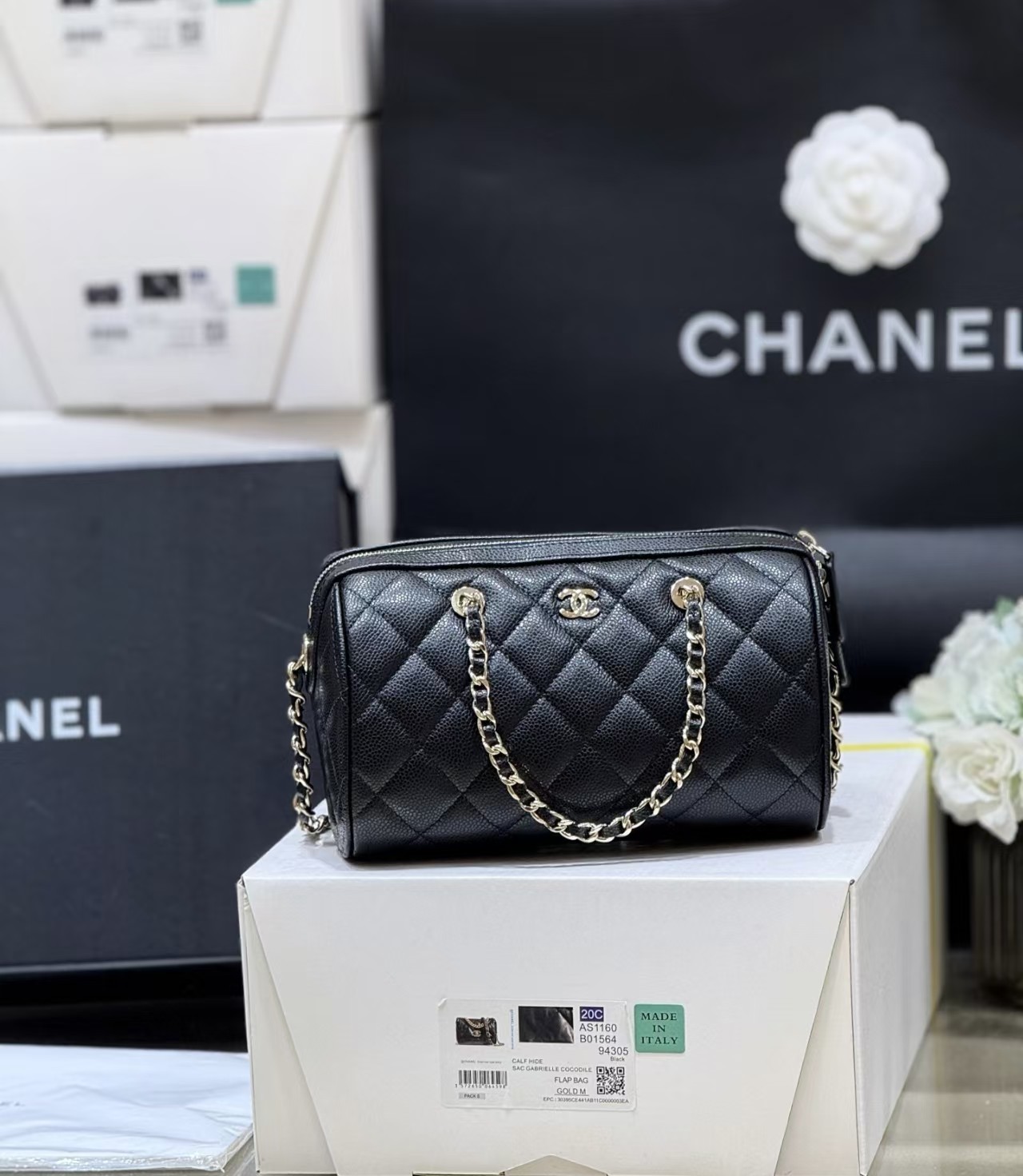 Chanel Caviar Quilted Barrel Clutch With Chain Black Bag