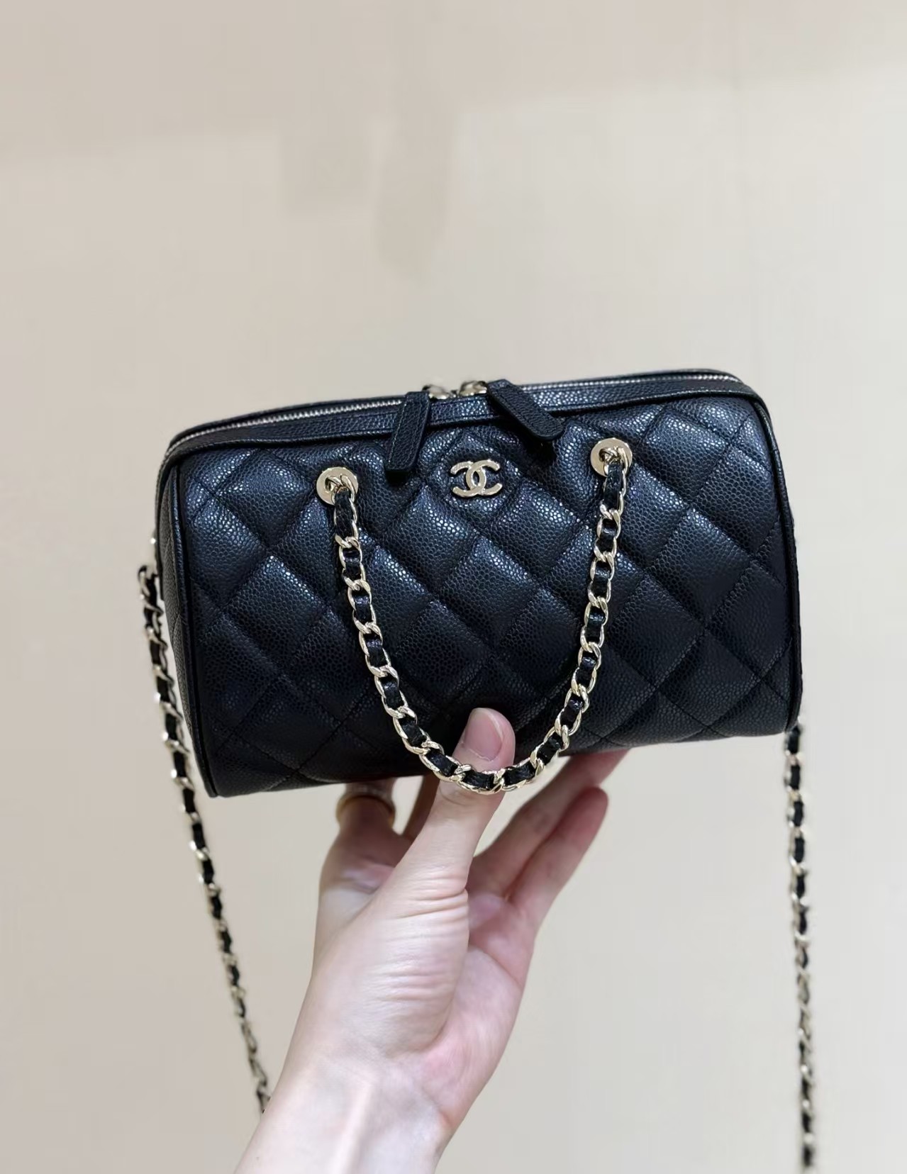 Chanel Caviar Quilted Barrel Clutch With Chain Black Bag