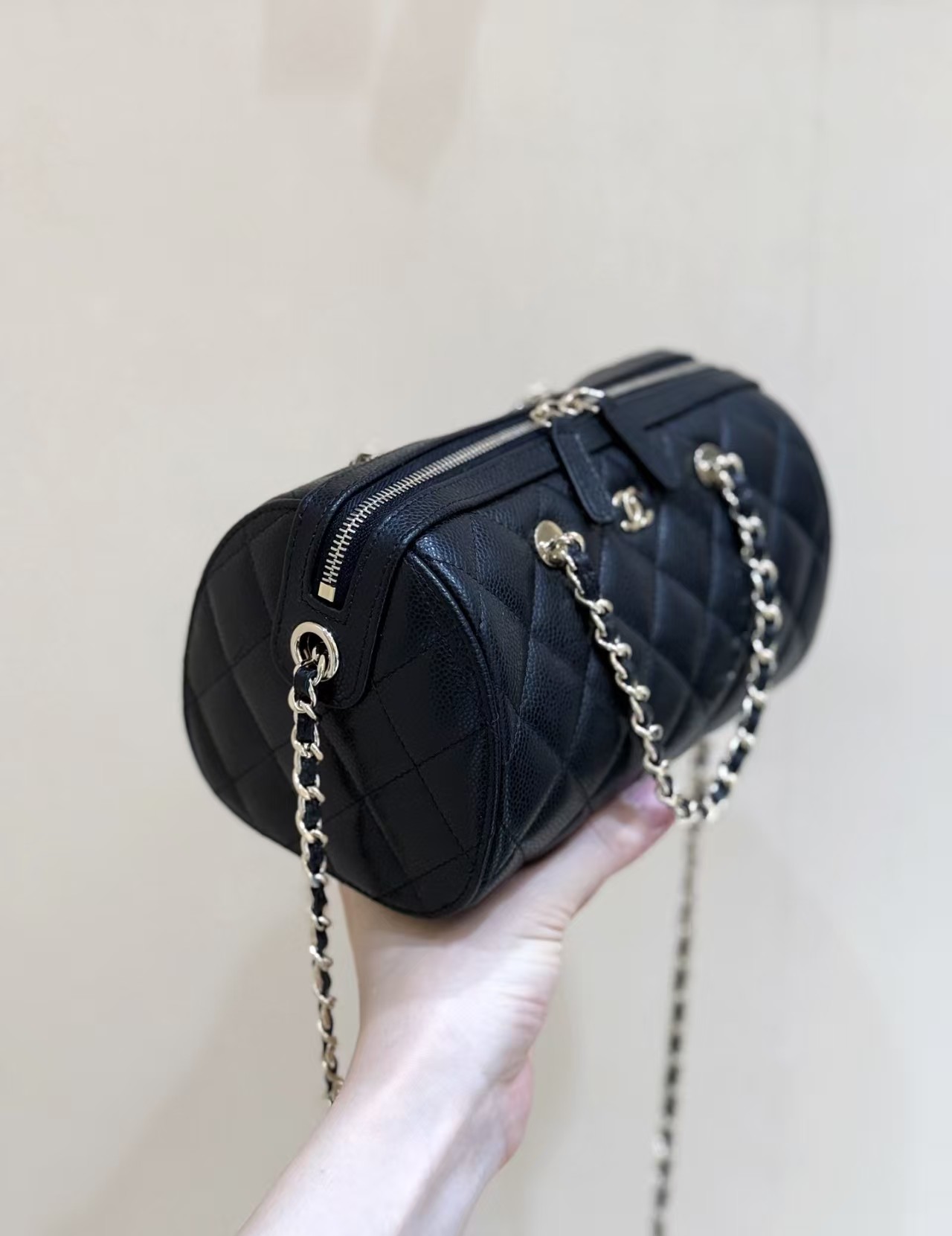 Chanel Caviar Quilted Barrel Clutch With Chain Black Bag