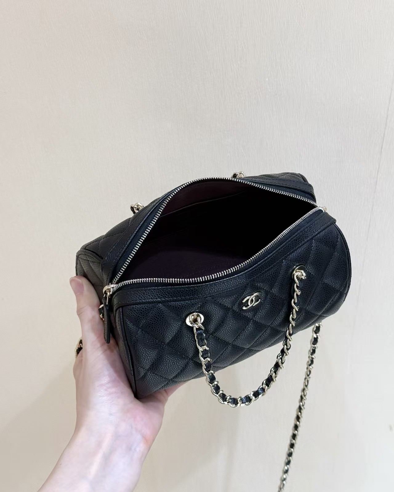 Chanel Caviar Quilted Barrel Clutch With Chain Black Bag