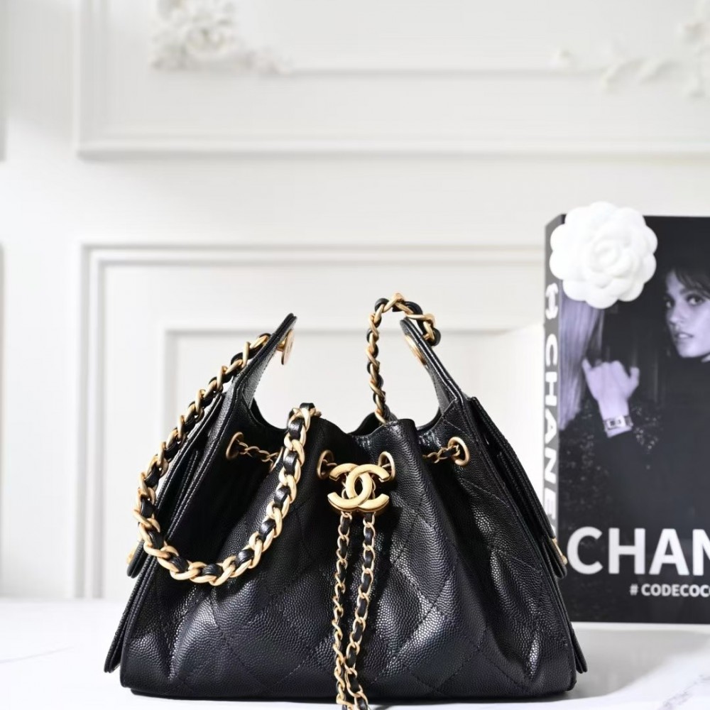 Chanel 26P Black Quilted Caviar Mini Chanel 25 Hobo