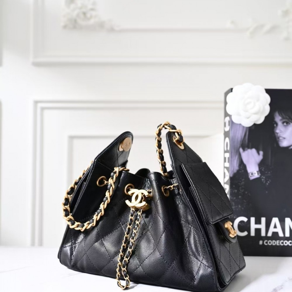 Chanel 26P Black Quilted Caviar Mini Chanel 25 Hobo