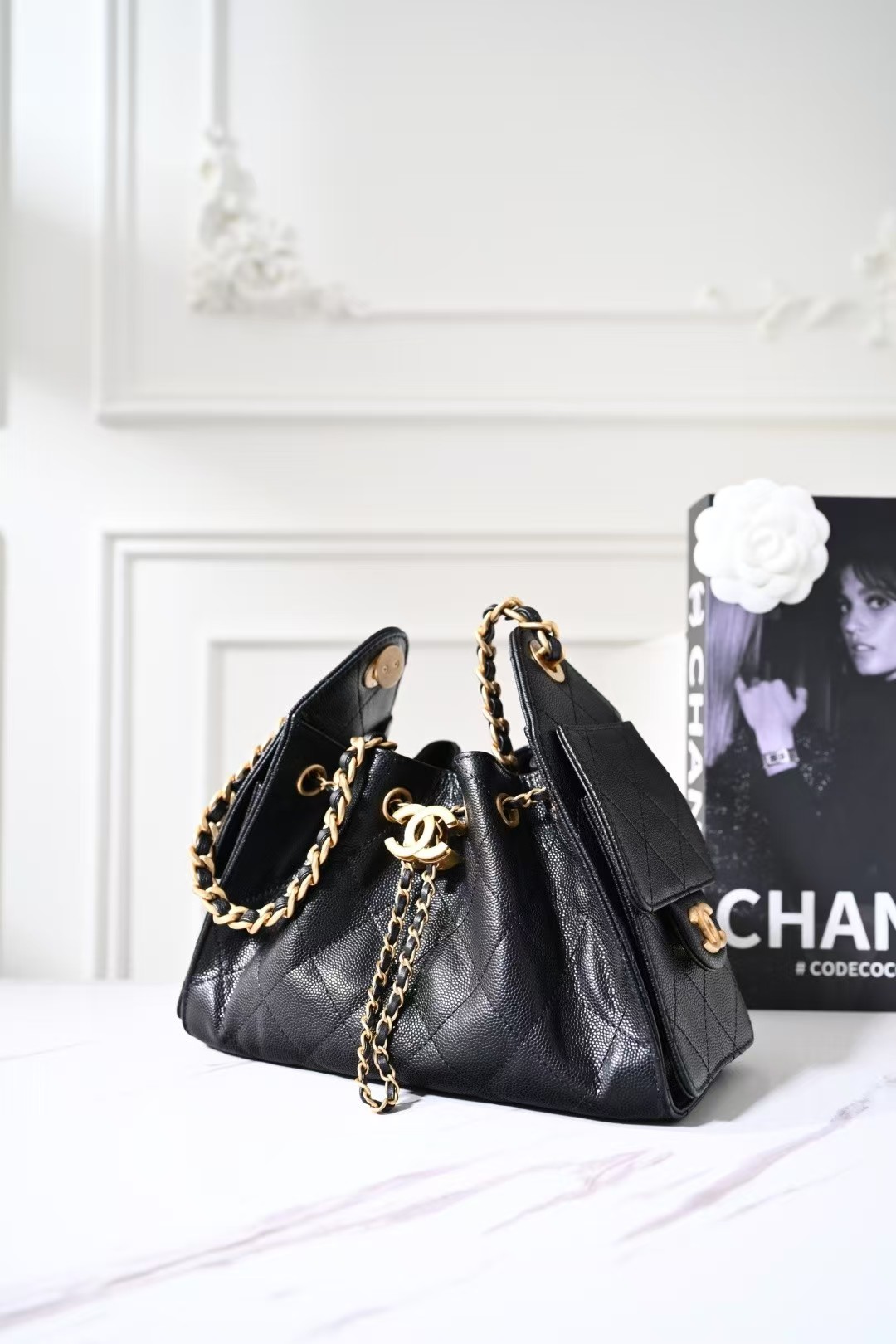Chanel 26P Black Quilted Caviar Mini Chanel 25 Hobo